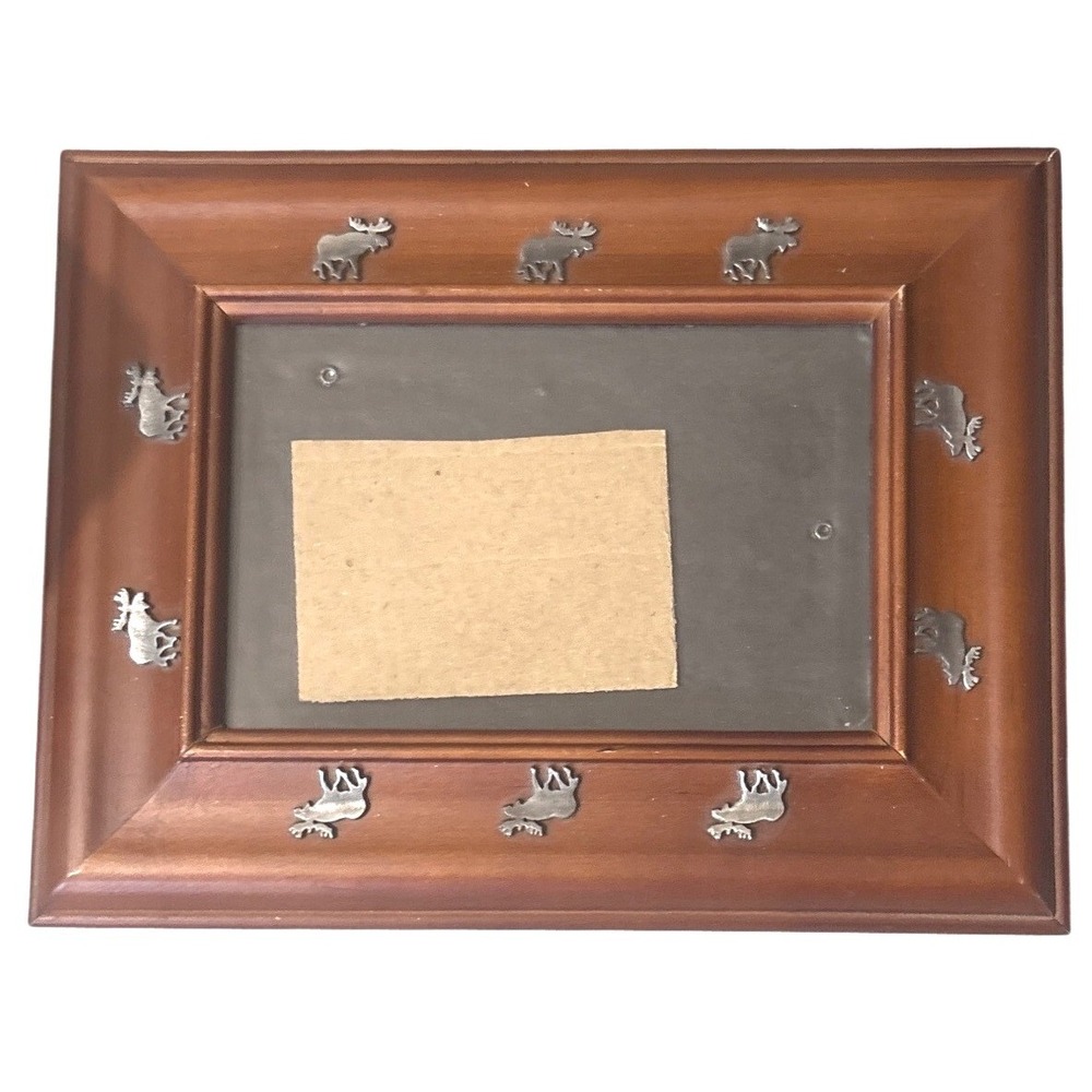 VTG 9X7 Brown Wooden Rustic Bull Silver Moose‎ Photo Frame Artwork Vacation Pict